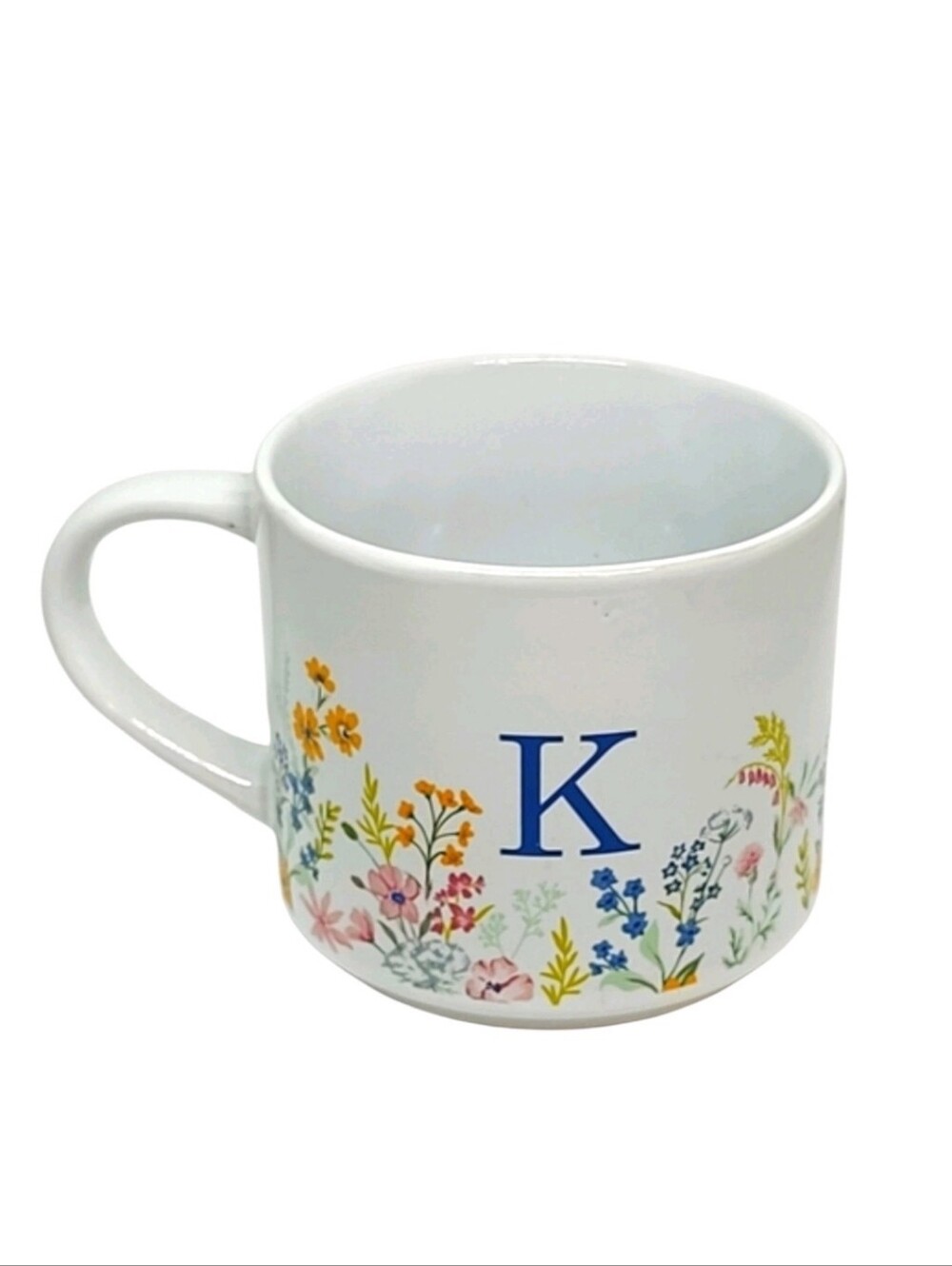 Monogram Letter K Floral Ceramic Coffee Mug White Wildflower Cottagecore